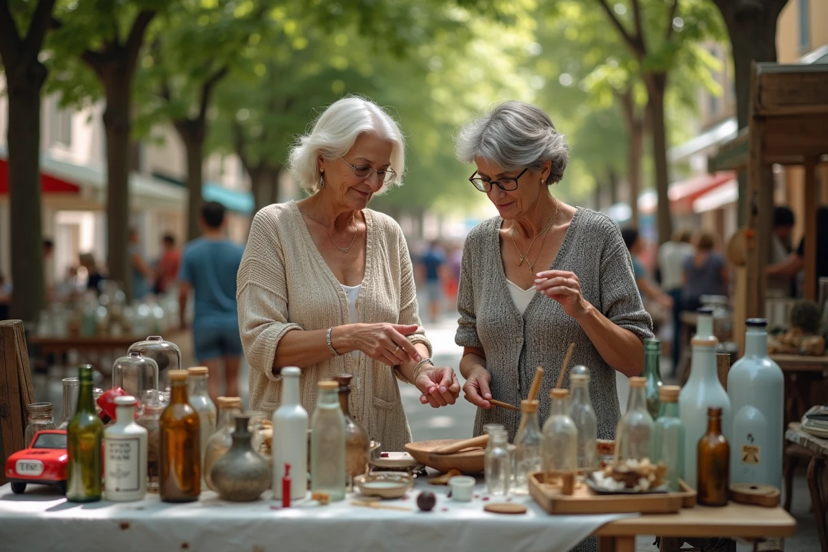 Deux femmes chinant ensemble sur un stand de vide-grenier en plein air dans un village de l'Yonne