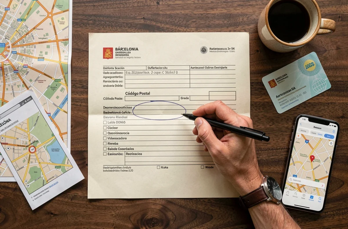 Vue de dessus d'un formulaire administratif espagnol avec le champ code postal de Barcelone entouré, posé sur une table en bois avec une carte et un smartphone